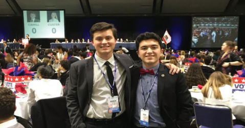 Seniors Andrew Mishkin and Adam Meleo celebrate their final Y&G conference